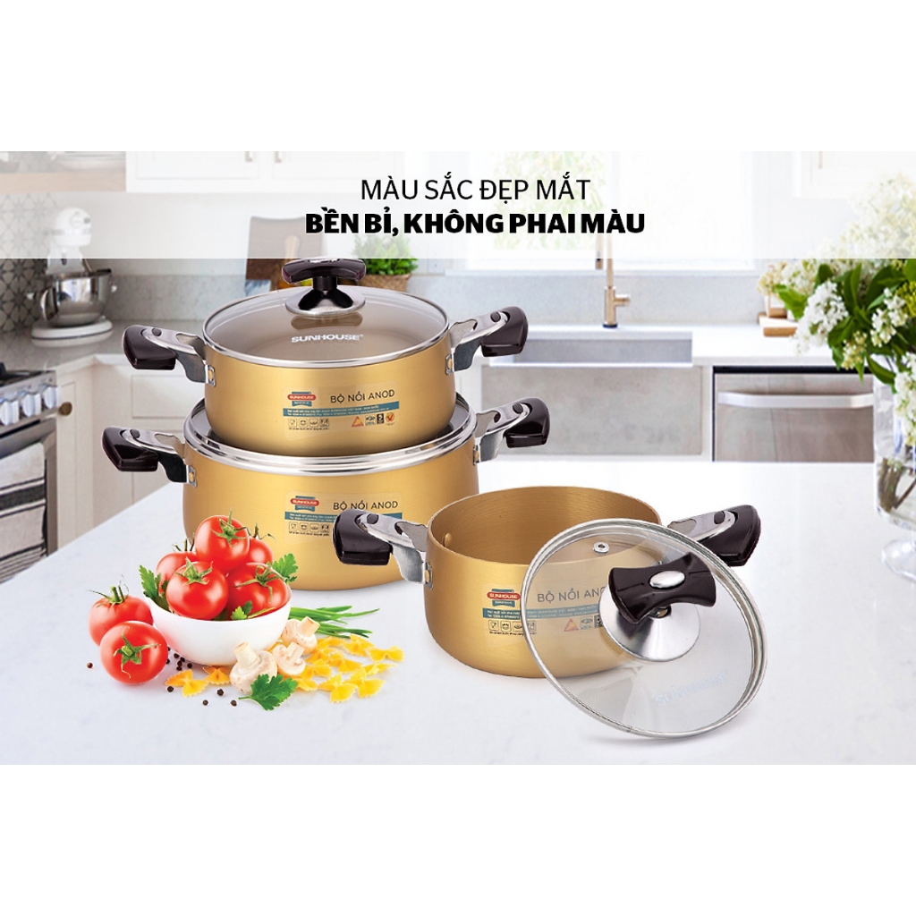 Bộ nồi anod Sunhouse SH6634N kích thước 16-20-24cm