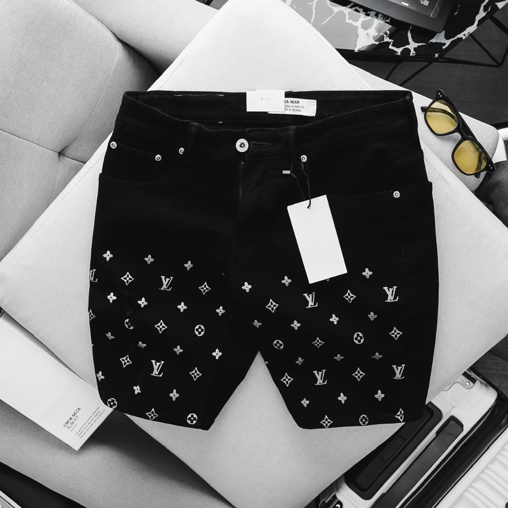 Quần Short Jean Bigsize Nam màu đen in họa tiết jean co giãn ôm dáng VNXK xịn