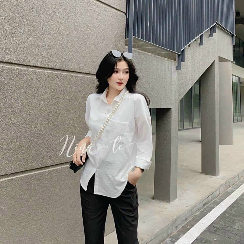 Sơ mi đũi nữ tay dài form rộng chất Quảng Châu màu trắng