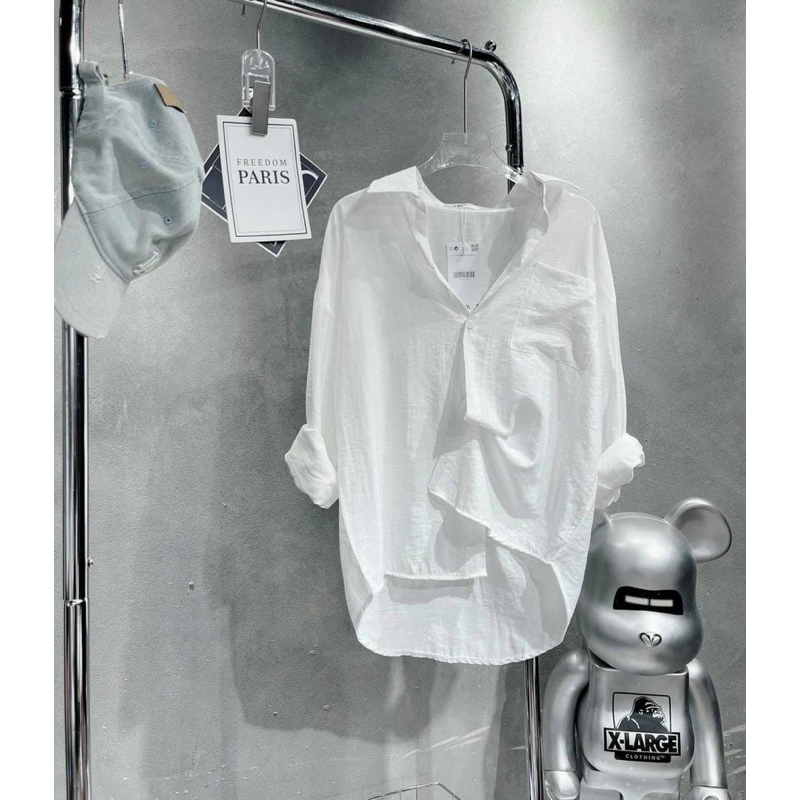 Sơ mi đũi nữ tay dài form rộng chất Quảng Châu màu trắng