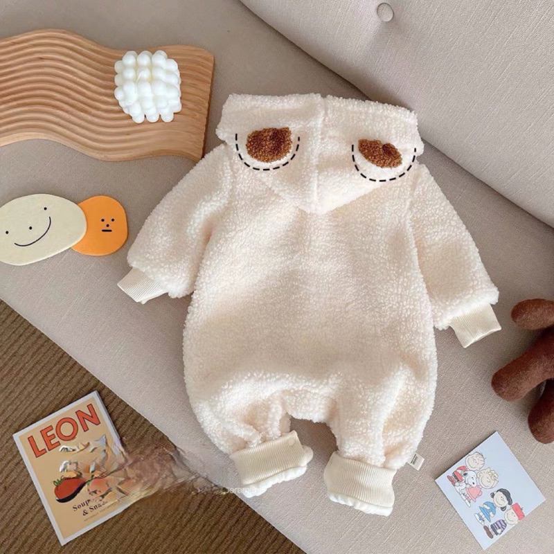 Body lông gấu có mũ 2 màu trắng, nâu cho bé từ 4 đến 14kg SHOP MẸ BÔNG