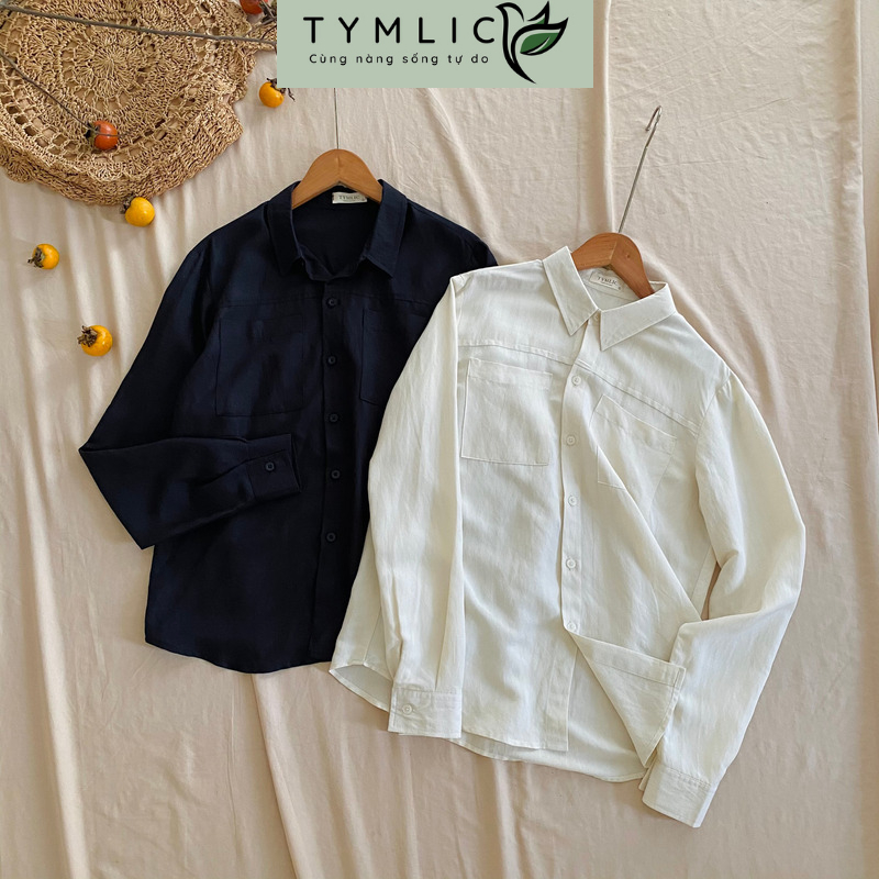 Áo Sơmi Linen Tưng Hàn Kiểu Dài Tay Basic Phối Túi 2 Màu TYMLIC