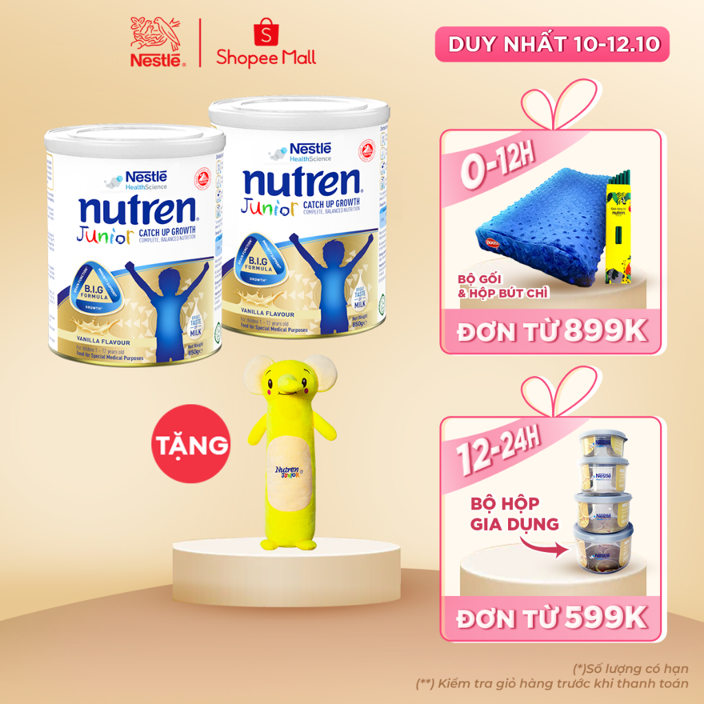 [Tặng 01 gối ôm con voi] Combo 2 Lon Sữa Nutren Junior 850gr/lon