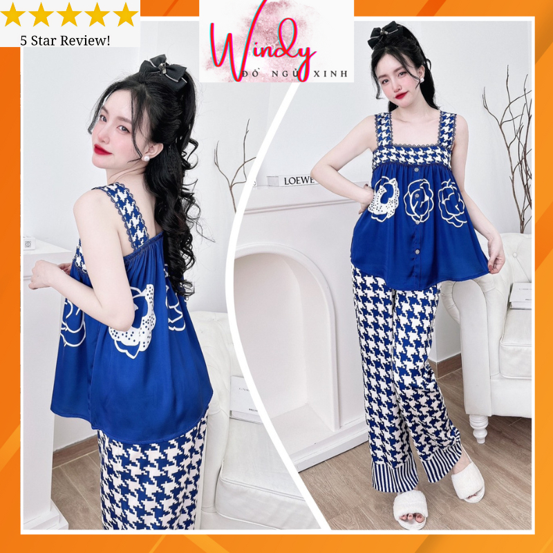 Đồ bộ nữ 2 dây quyến rũ dễ thương, bộ ngủ quần dài lụa latin thiết kế 3D freesize dưới 60kg WINDY BOUTIQUE