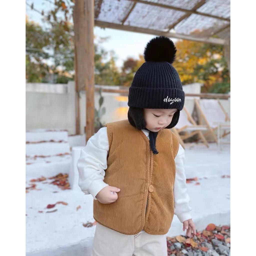 Mũ Len Thêu Tên Cho Bé, Mũ Len Bịt Tai Siêu Ấm, Dệt Kim Dày Dặn phong cách Hàn Quốc