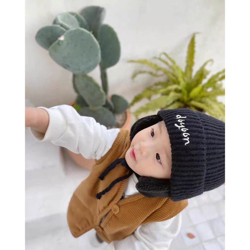 Mũ Len Thêu Tên Cho Bé, Mũ Len Bịt Tai Siêu Ấm, Dệt Kim Dày Dặn phong cách Hàn Quốc