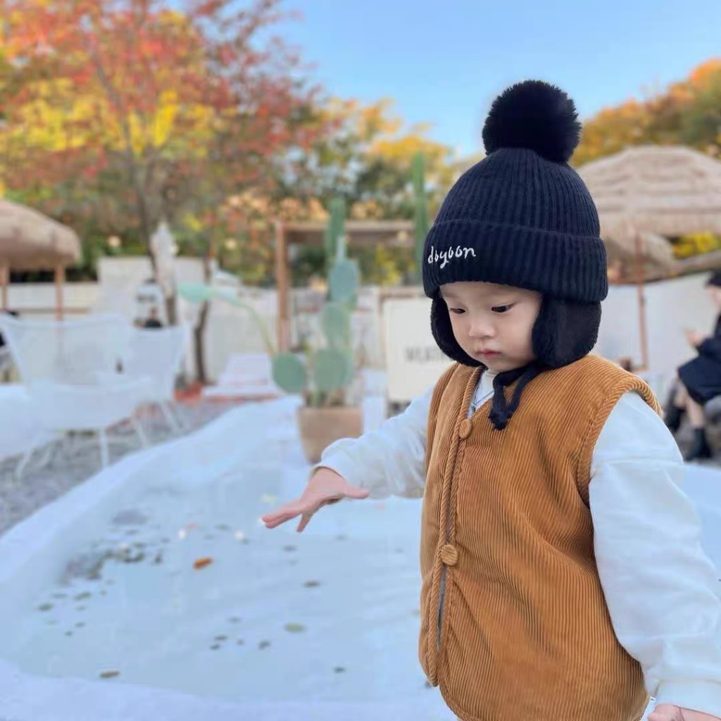 Mũ Len Thêu Tên Cho Bé, Mũ Len Bịt Tai Siêu Ấm, Dệt Kim Dày Dặn phong cách Hàn Quốc