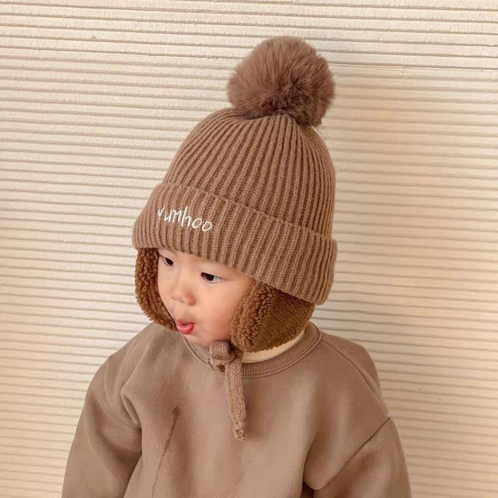 Mũ Len Thêu Tên Cho Bé, Mũ Len Bịt Tai Siêu Ấm, Dệt Kim Dày Dặn phong cách Hàn Quốc