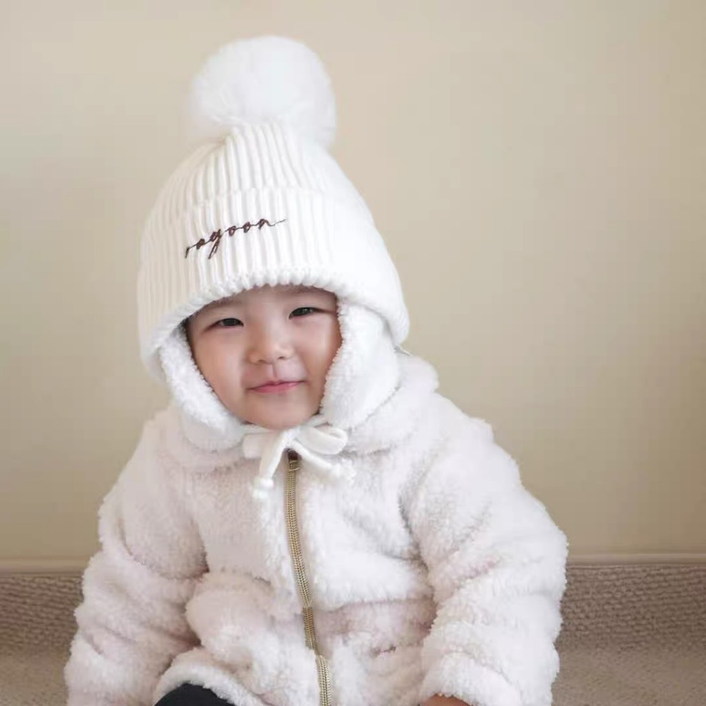 Mũ Len Thêu Tên Cho Bé, Mũ Len Bịt Tai Siêu Ấm, Dệt Kim Dày Dặn phong cách Hàn Quốc