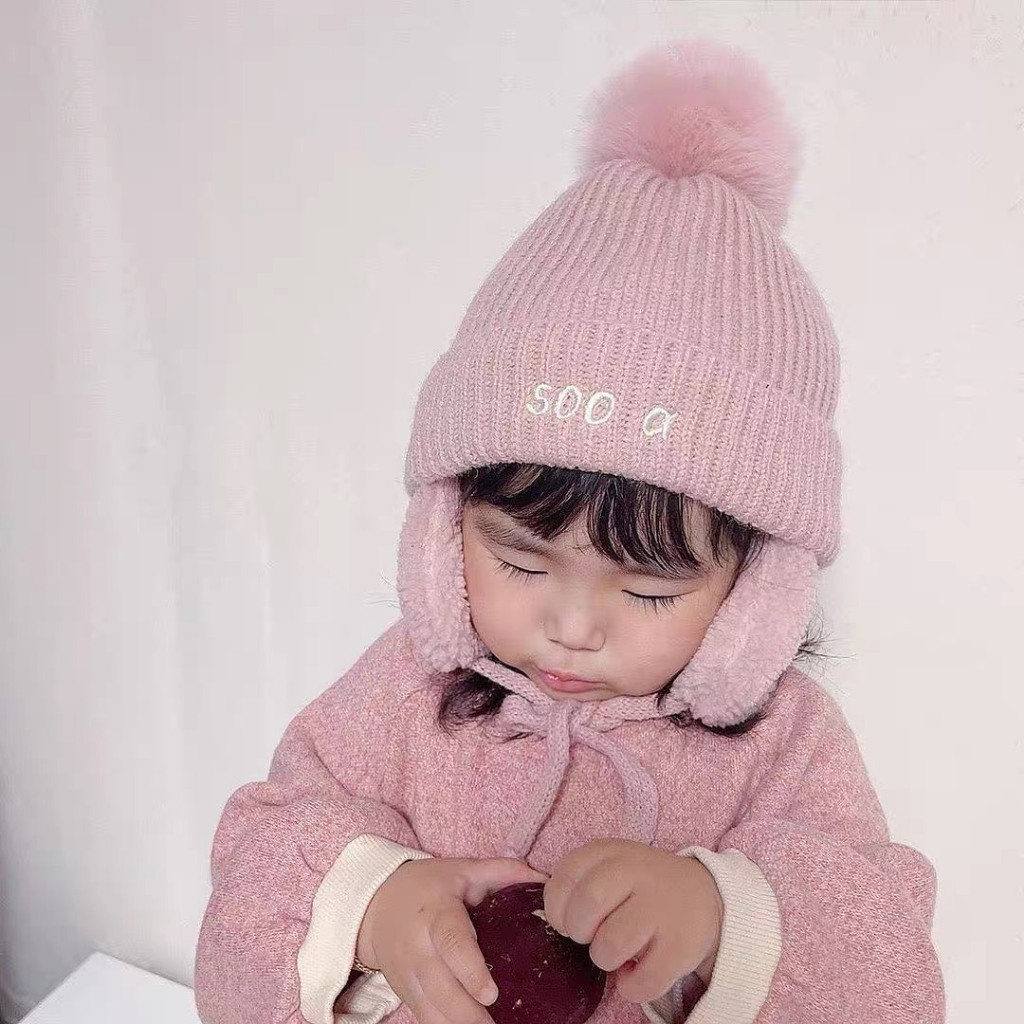 Mũ Len Thêu Tên Cho Bé, Mũ Len Bịt Tai Siêu Ấm, Dệt Kim Dày Dặn phong cách Hàn Quốc