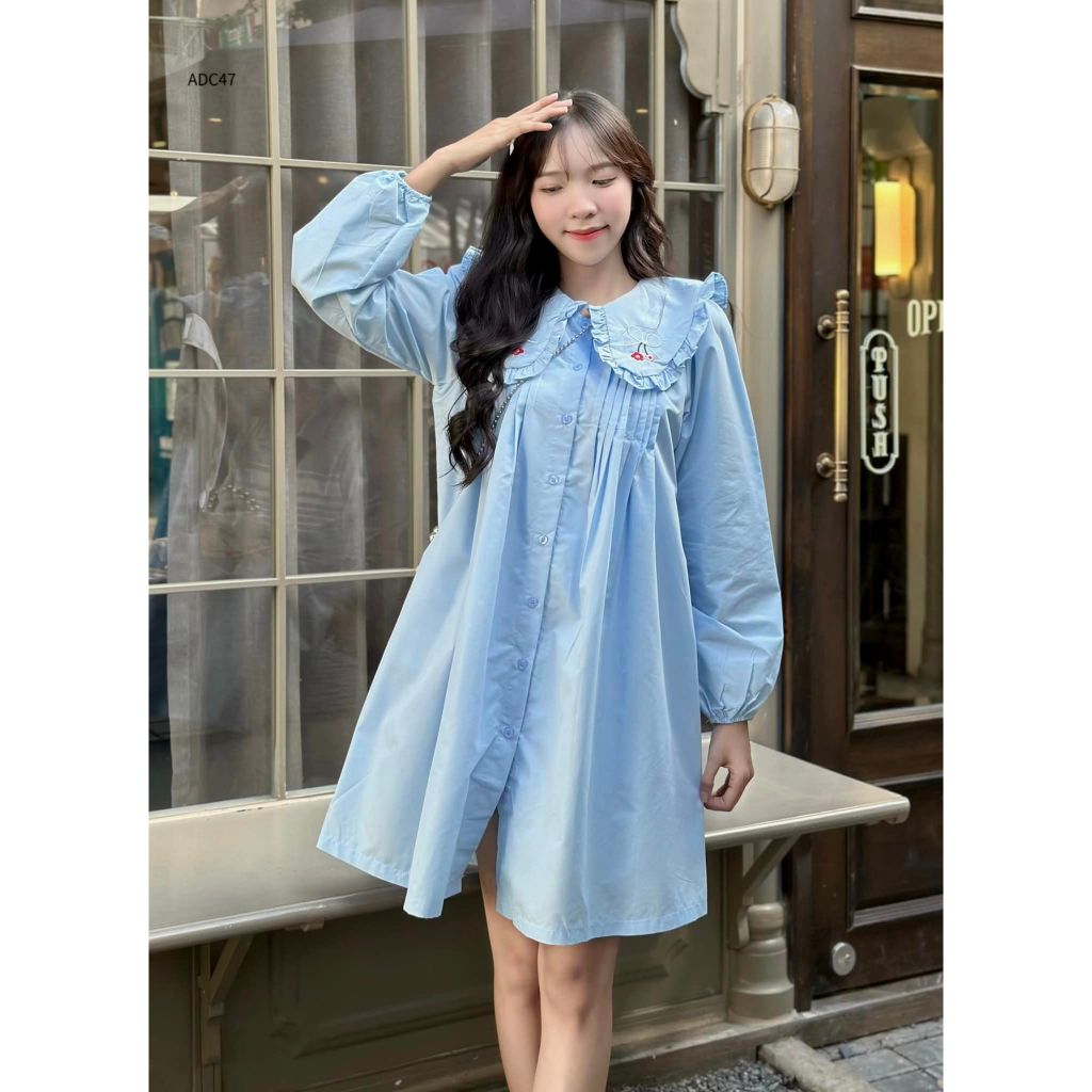 Đầm kate babydoll thêu cổ bèo phong cách nàng thơ siêu dễ thương CHIBEST ADC47