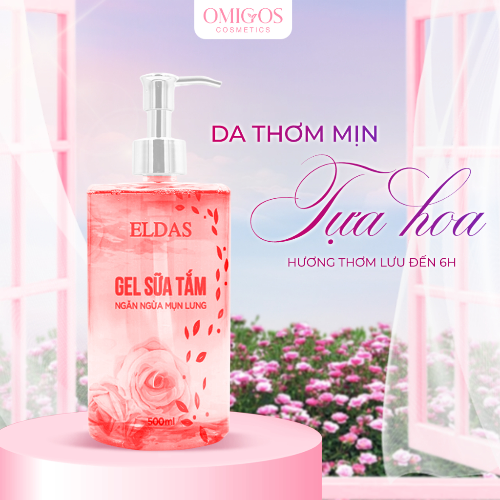 Gel Sữa Tắm Mụn Lưng ELDAS, Giảm Viêm Nang Lông Mụn Cơ Thể, Tinh Chất TRÀM TRÀ KHỔ QUA, Hương HOA HỒNG quyến rũ 500ml