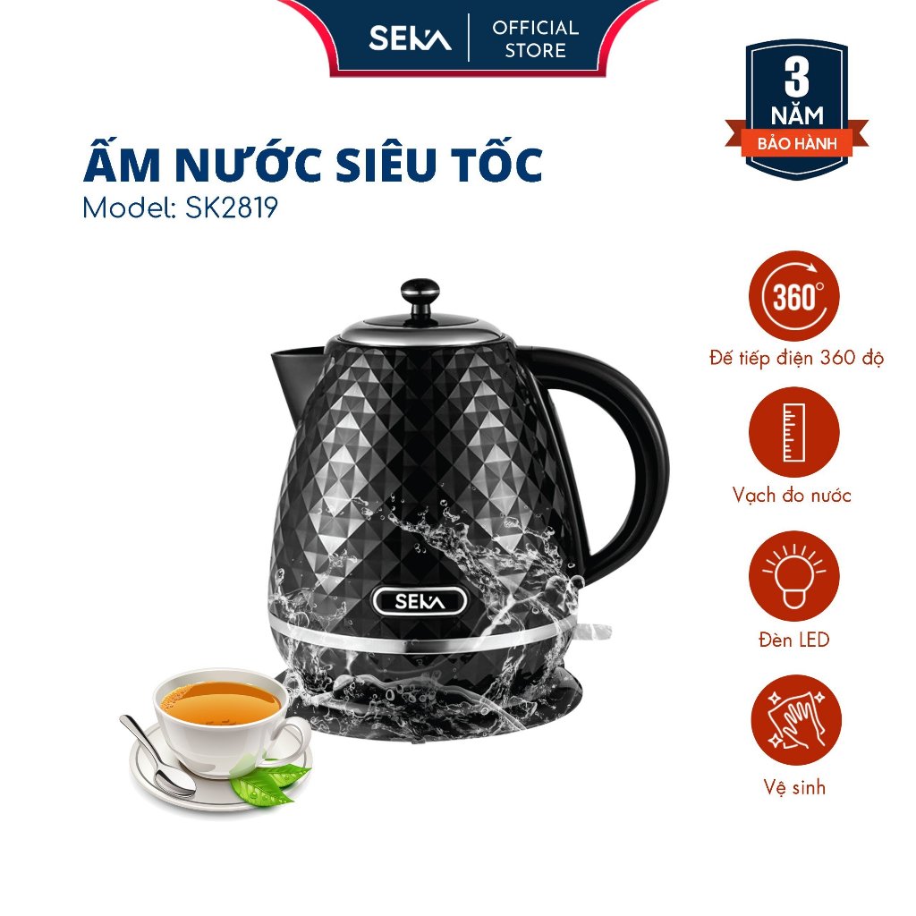 Ấm Siêu Tốc Vân Đá Seka SK2819 Đế Xoay 360 độ, dung Tích 1.7 Lít Công Suất 2200W
