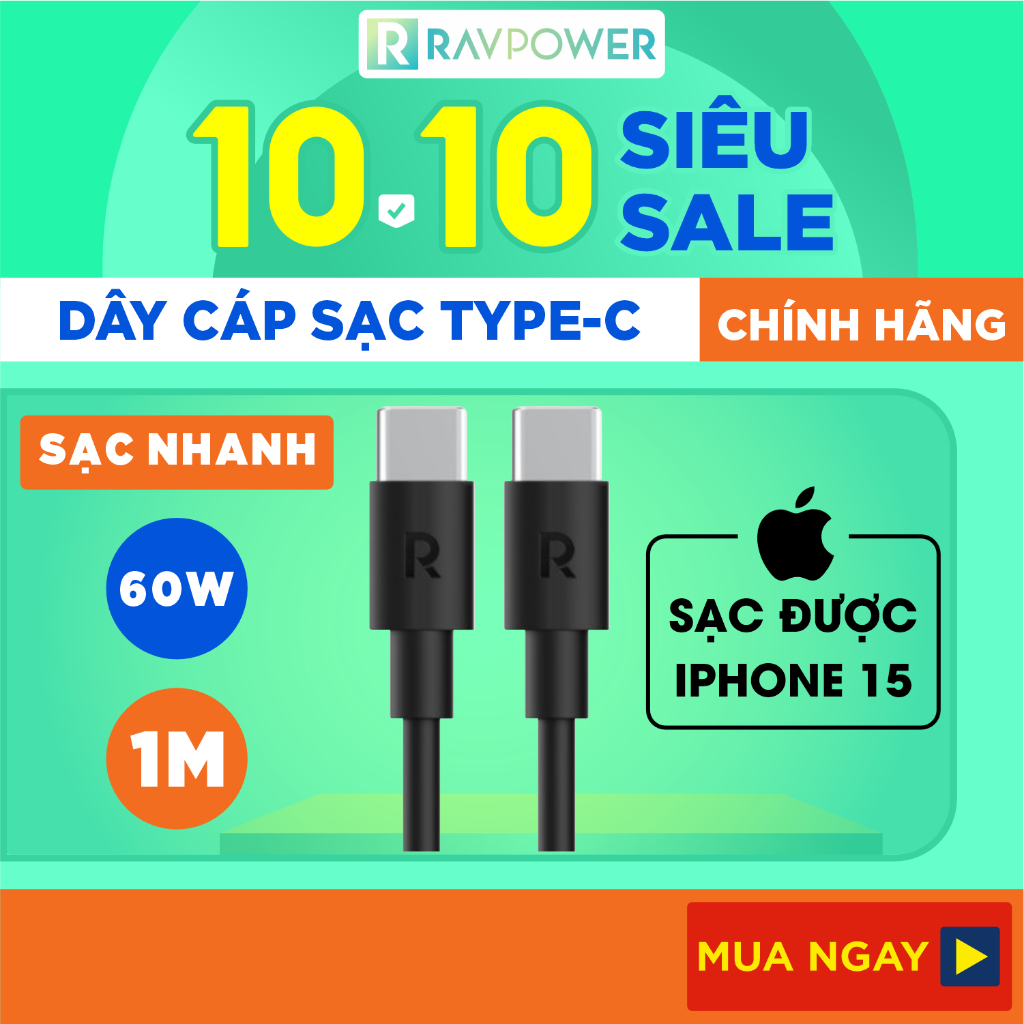 Dây Cáp Sạc Type C to C 60W Dài 1M Sạc Nhanh Cho iPhone 15, Điện Thoại Android RAVPower RP-CB1021 - Hàng Chính Hãng