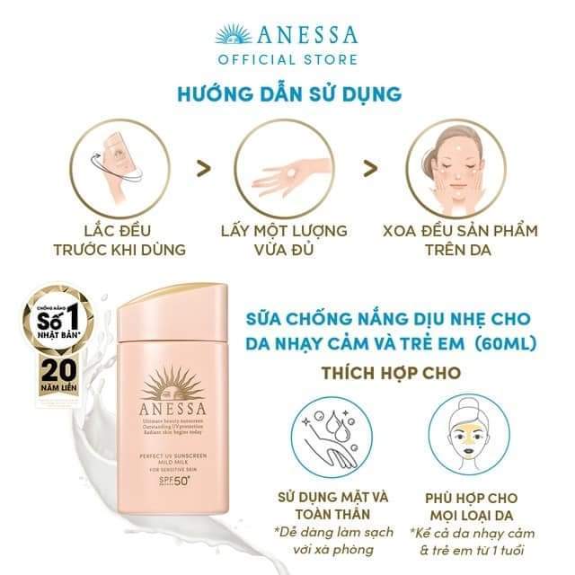 Sữa chống nắng dịu nhẹ cho da nhạy cảm Anessa Perfect UV Sunscreen Mild Milk 60ml