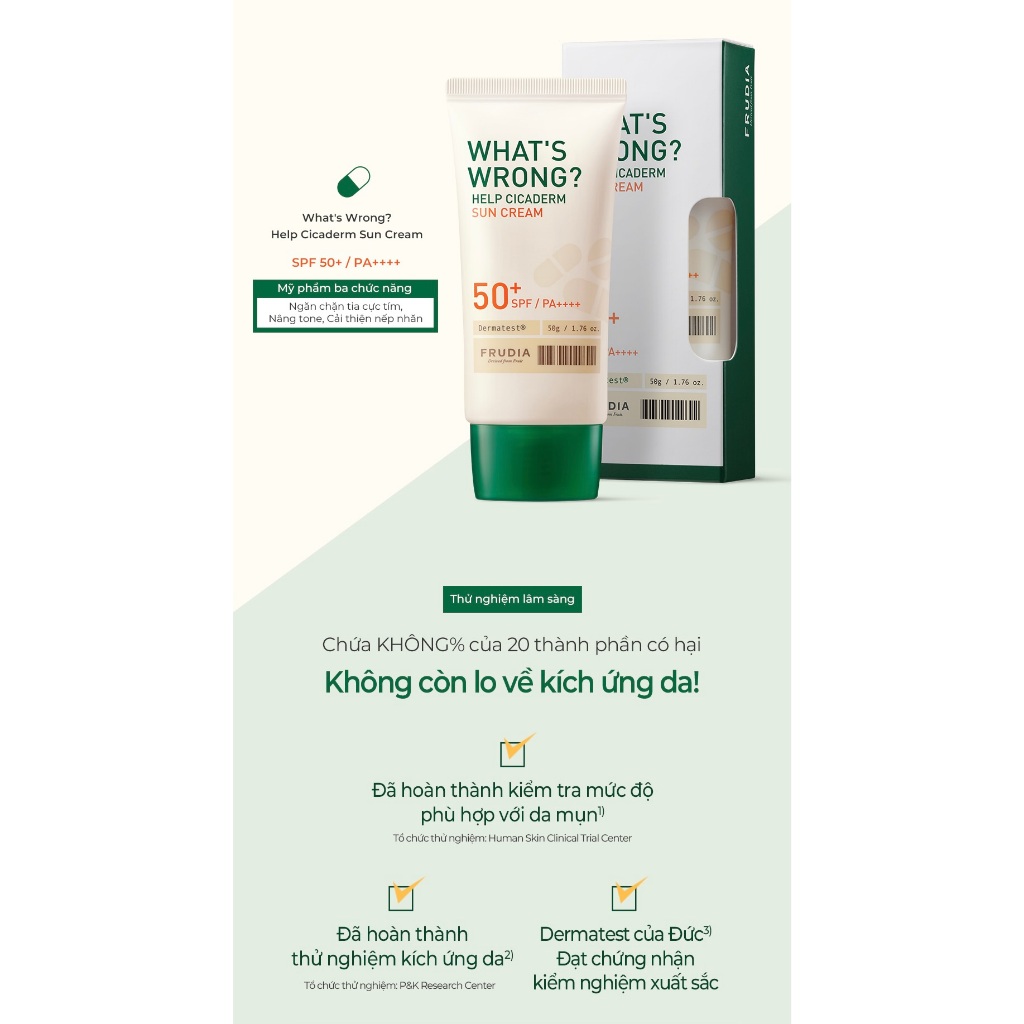 [Tặng 132k] Kem Chống Nắng Thuần Chay Rau Má Frudia Re:proust What's Wrong Help Cicaderm Sun Cream SPF50+/PA++++ 50g