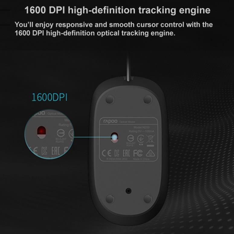 Chuột Máy Tính Có Dây Rapoo N200 Gaming Dùng Cho Văn Phòng 1600DPI Bánh Xe Cuộn Chống Trượt -  Hàng Chính Hãng