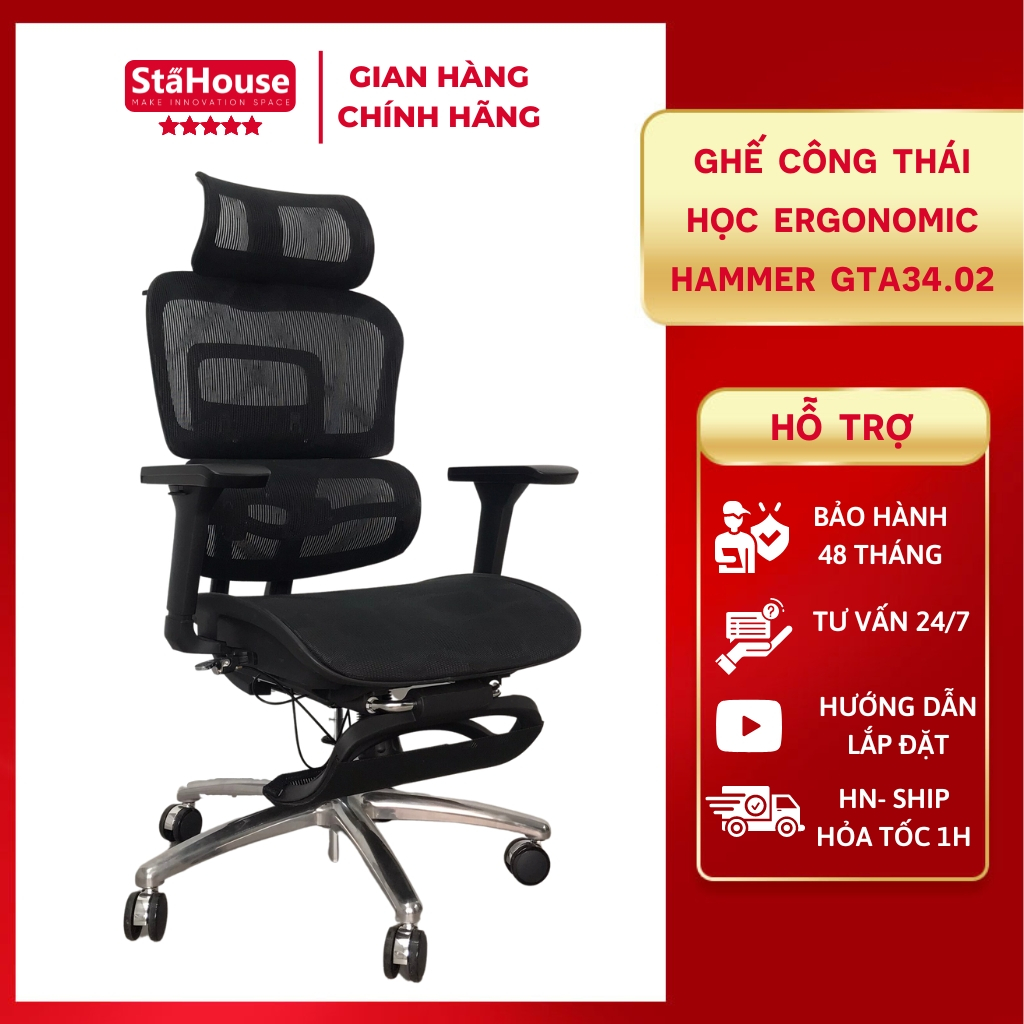 Ghế Công Thái Học Ergonomic Hammer GTA34  đủ tính năng - Tựa đầu, tựa tay điều chỉnh, đệm trượt, ngả và khóa 3 vị trí