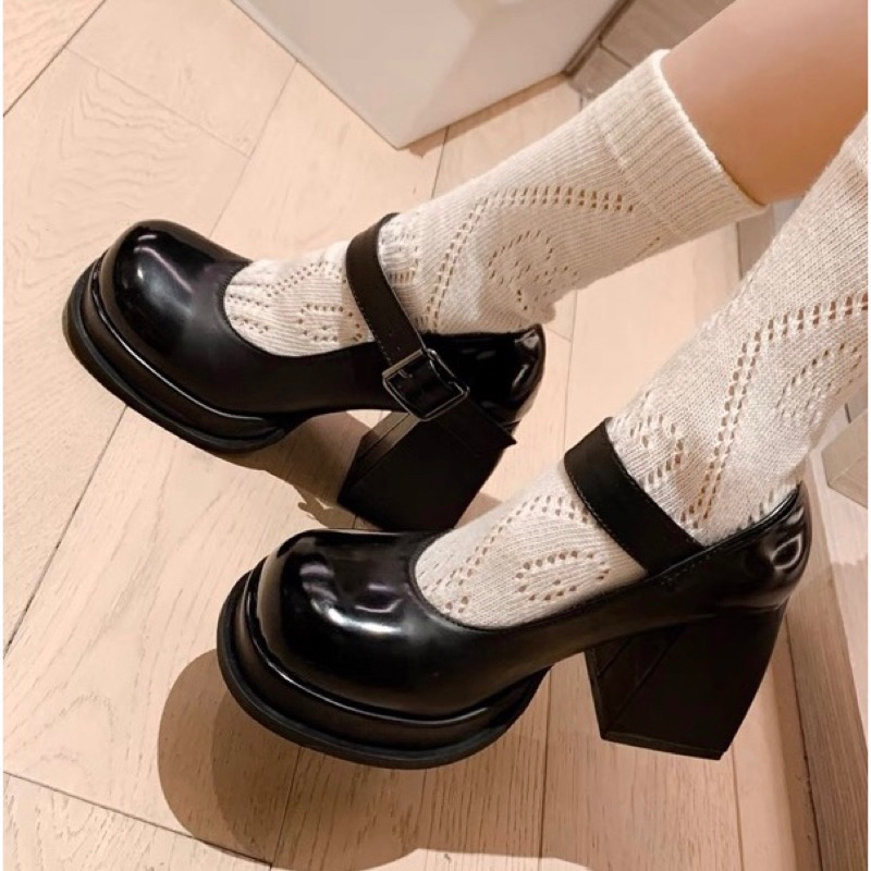 ORDER 🌿 Giày da đen bóng gót vuông 9 cm 34-39