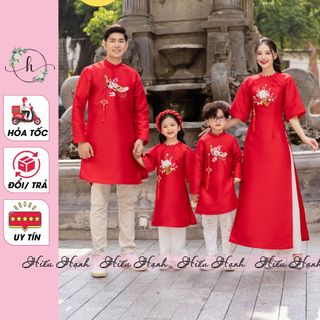 Áo dài tết gia đình màu đỏ chất vải tafta đính kết hoa cao cấp - áo dài tết