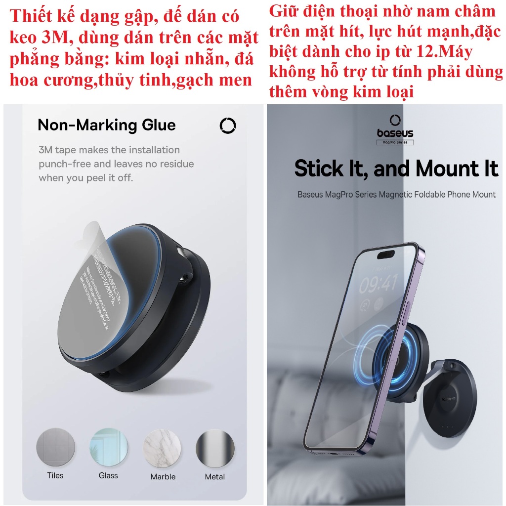 Giá đỡ điện thoại dán tường hít nam châm dạng gậpcho iphone Baseus MagPro Foldable Phone Mount BS-HP016