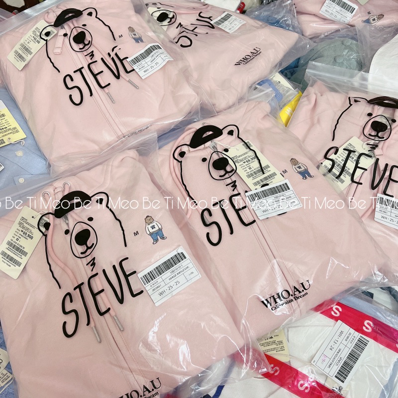 Áo WHO.A.U Steve có mũ trùm đầu Zip-up gấu nhỏ sale 90%