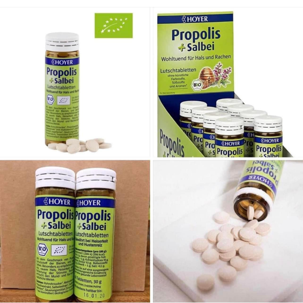 Viên ngậm ho hữu cơ Hoyer Đức  từ lá xô thơm và keo ong làm dịu họng và giảm ho