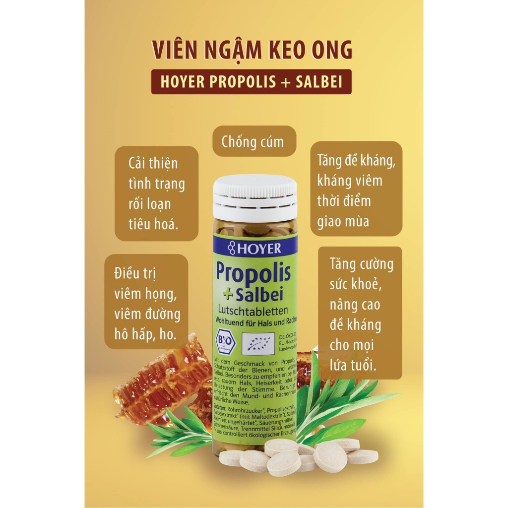 Viên ngậm ho hữu cơ Hoyer Đức  từ lá xô thơm và keo ong làm dịu họng và giảm ho