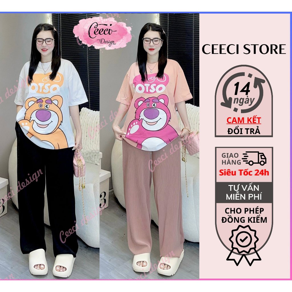 Sét bộ nữ suông dài áo cotton quần gân có túi from to chuẩn in 5d hình gấu lossto