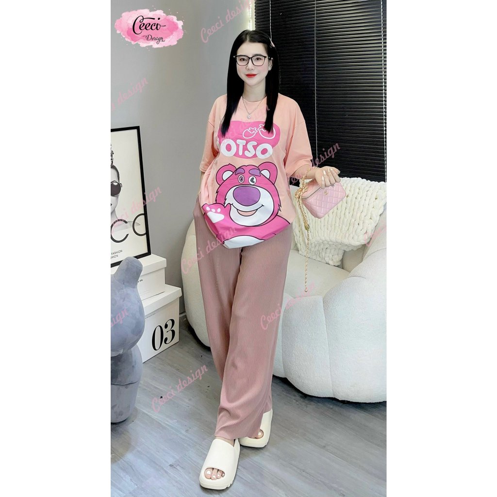 Sét bộ nữ suông dài áo cotton quần gân có túi from to chuẩn in 5d hình gấu lossto