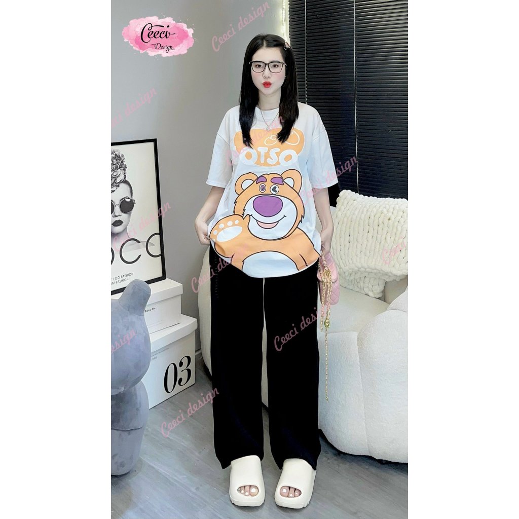 Sét bộ nữ suông dài áo cotton quần gân có túi from to chuẩn in 5d hình gấu lossto