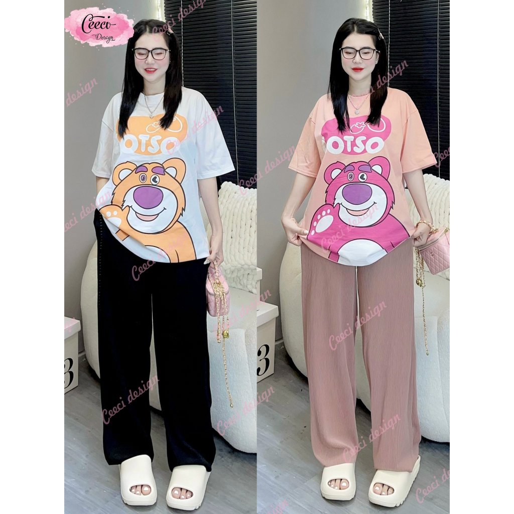 Sét bộ nữ suông dài áo cotton quần gân có túi from to chuẩn in 5d hình gấu lossto