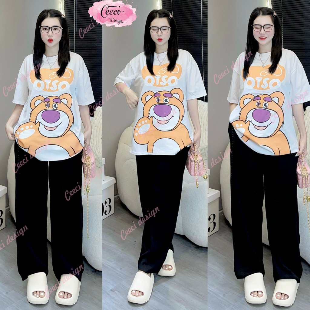 Sét bộ nữ suông dài áo cotton quần gân có túi from to chuẩn in 5d hình gấu lossto