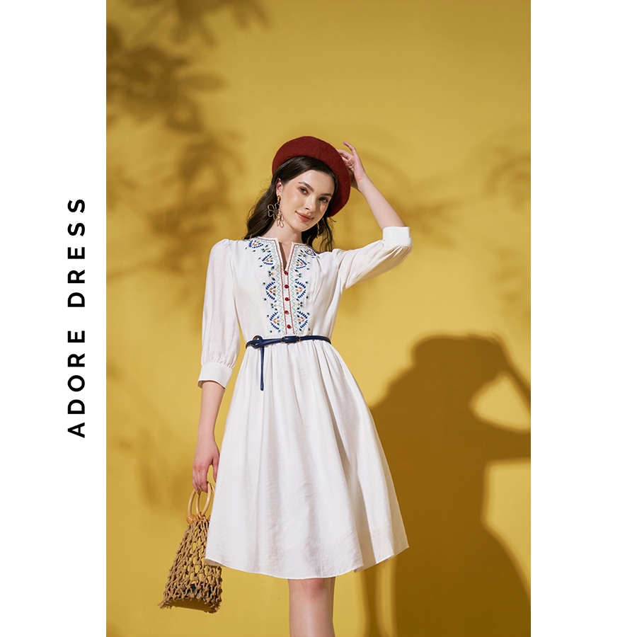 Đầm Mini dresses casual style đũi trơn trắng thêu 312DR1063 ADORE DRESS