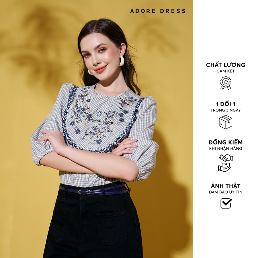 Áo sơ mi Tops casual style thô karo xanh thêu bèo cầu ngực 312TO1013 ADORE DRESS