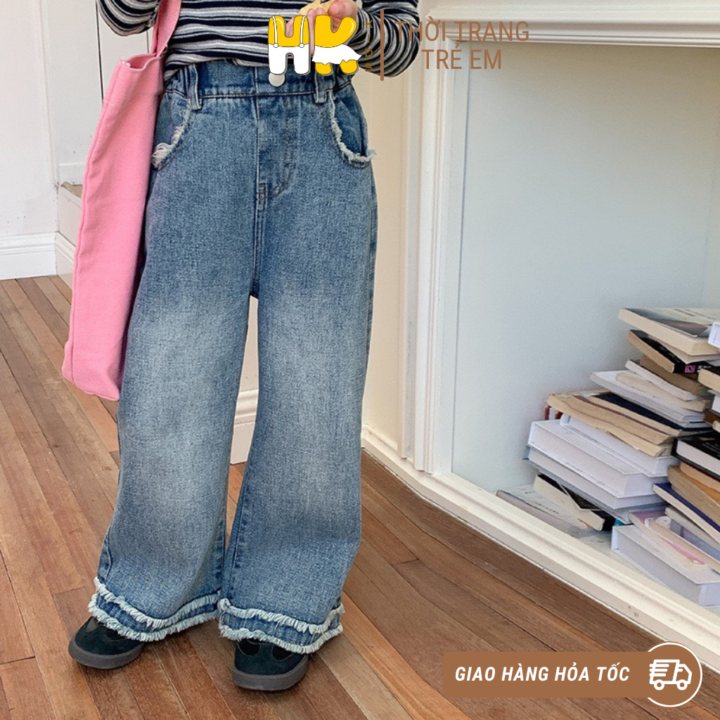 Quần Jean dài cho bé gái HK KIDS, quần bò ống rộng dáng suông hãng AMBB cao cấp sz cho bé từ 2-9 tuổi (mã M014)