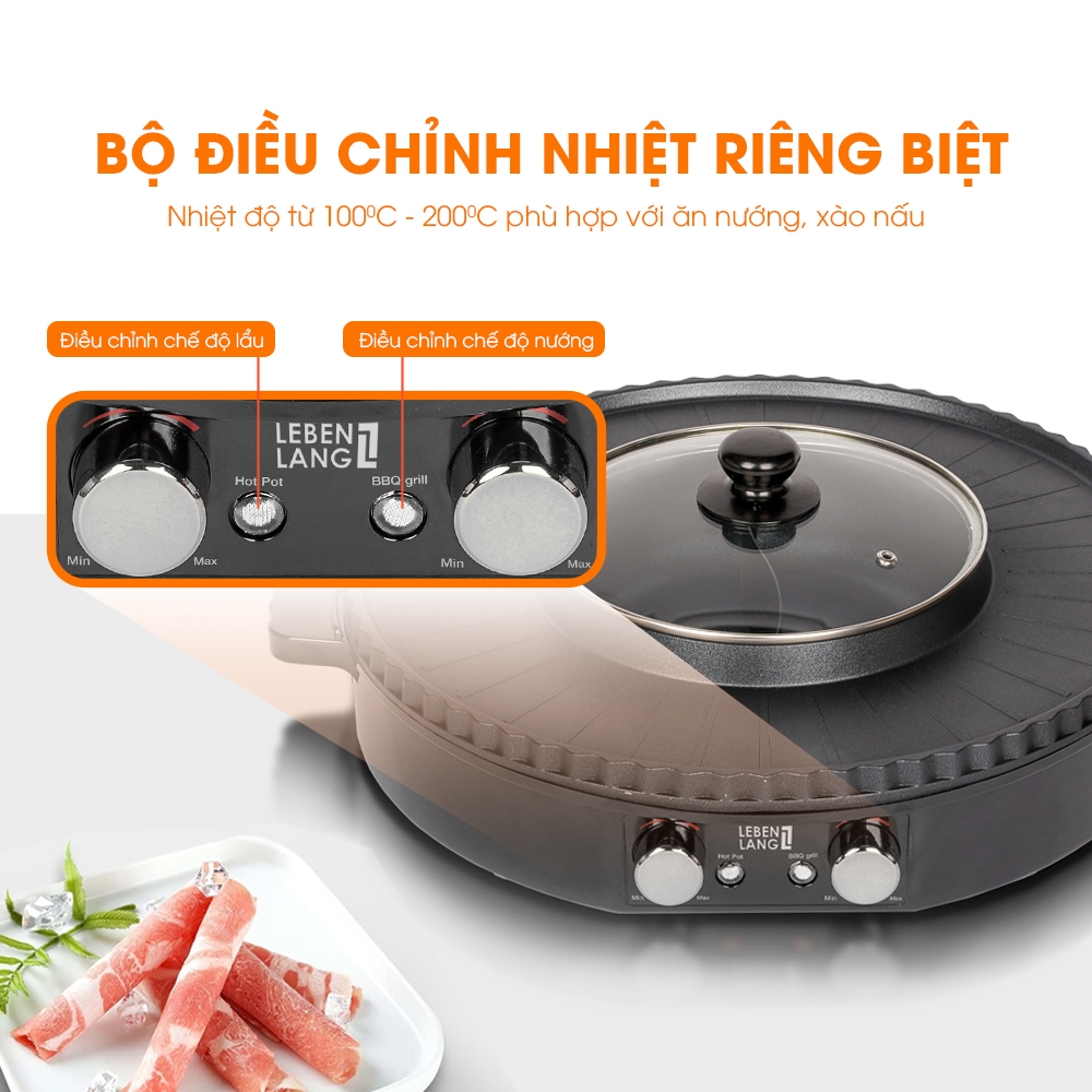 Nồi lẩu điện 2 ngăn Lebenlang LBTT5288, bếp lẩu nướng 2in1 đa năng tròn loại to,công suất 1800W tiện lợi cho gia đình