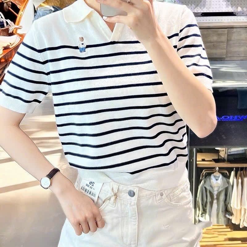 Áo Dệt Kim Sọc Thêu Gấu Tay Ngắn Chuẩn Xịn