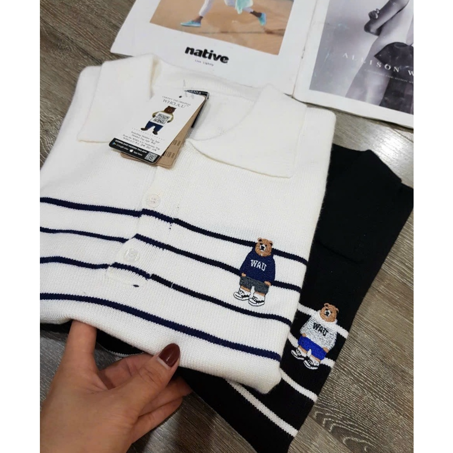 Áo Dệt Kim Sọc Thêu Gấu Tay Ngắn Chuẩn Xịn