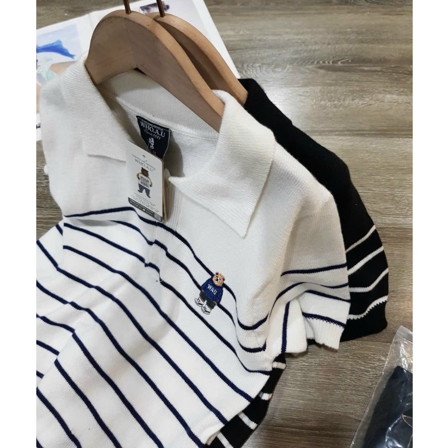 Áo Dệt Kim Sọc Thêu Gấu Tay Ngắn Chuẩn Xịn