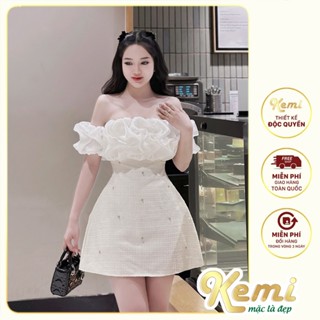 Váy dạ trễ vai Tweed phối đá đầm xòe tầng xếp ly chân A kiêu sa bling bling lấp lánh phối tơ kemi mặc là đẹp
