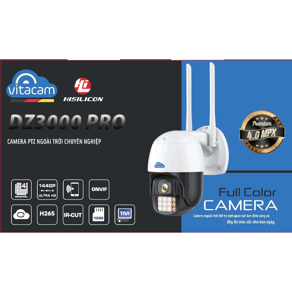 Camera IP Wifi Ngoài Trời VITACAM DZ3000 Pro 4MP Siêu Nét Xoay 355 Độ