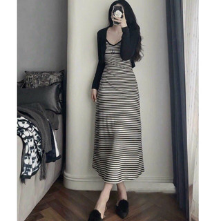 Set đầm maxi gân mix khoác crop thun gân