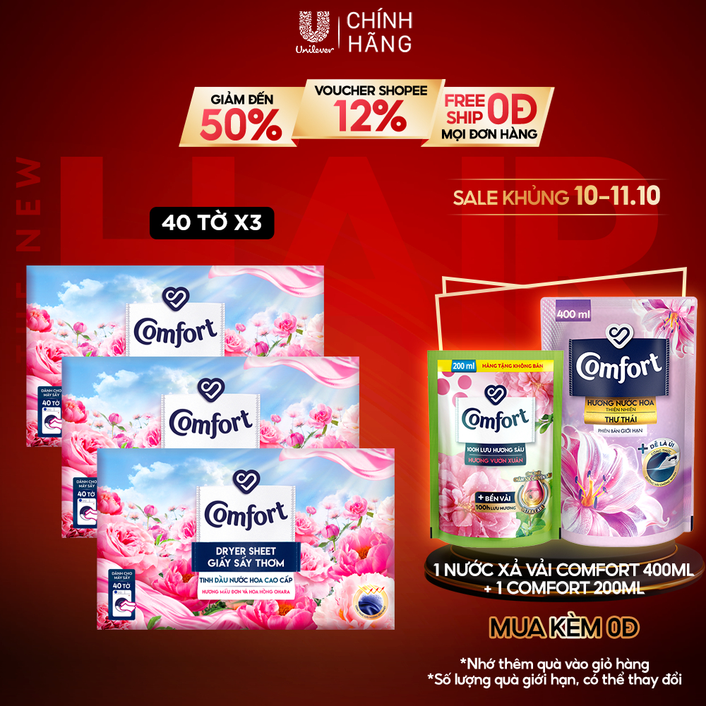 Combo 3 Hộp Giấy Thơm Comfort Hương Mẫu Đơn Và Hoa Hồng Ohara 40 tờ/hộp, Dành Cho Máy Sấy Quần Áo, Tủ Quần Áo