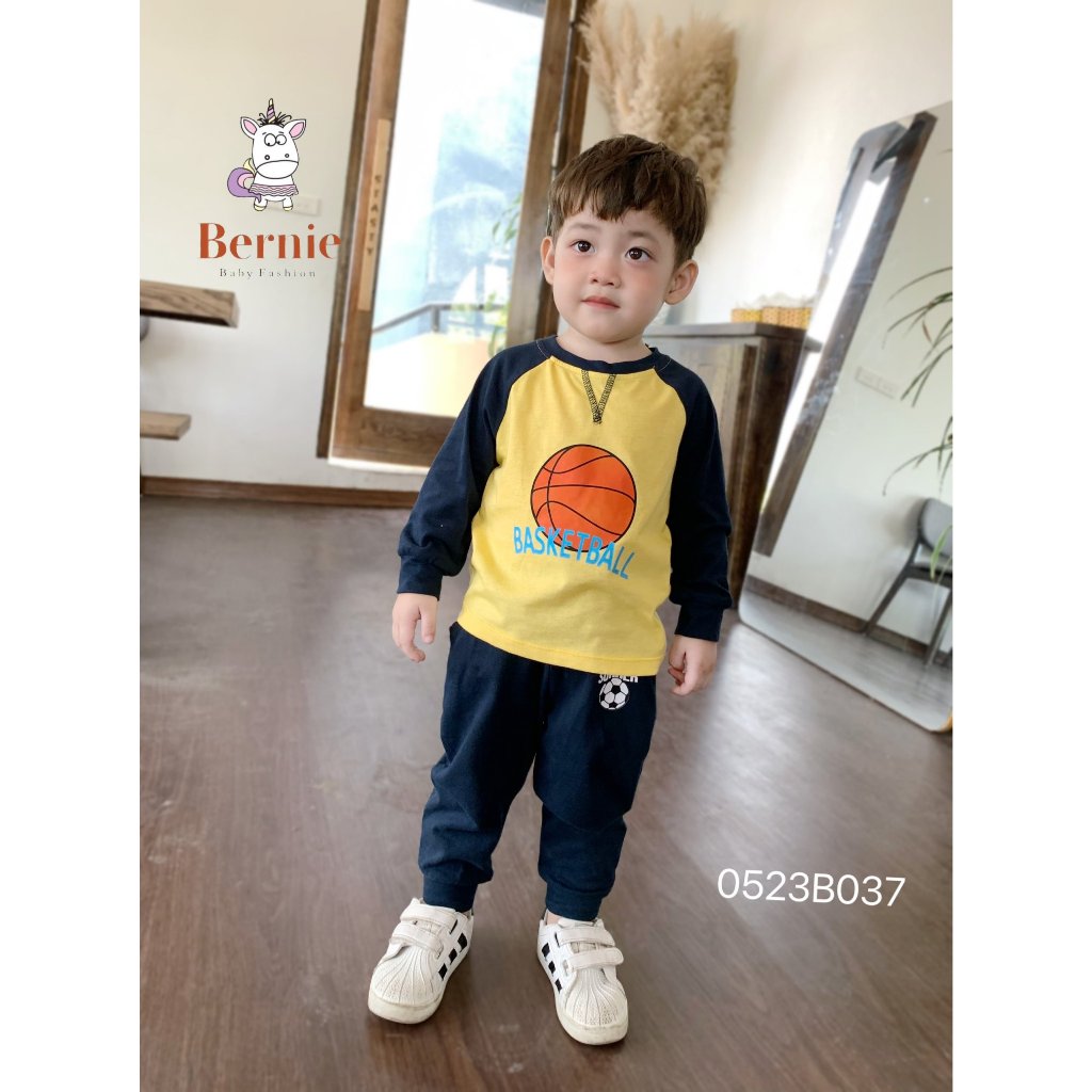 Bộ thu đông bé trai cotton mỏng bóng rổ xanh than Bernie - Bộ dài tay bé trai cotton cho bé từ 9-23kg - 0423B019