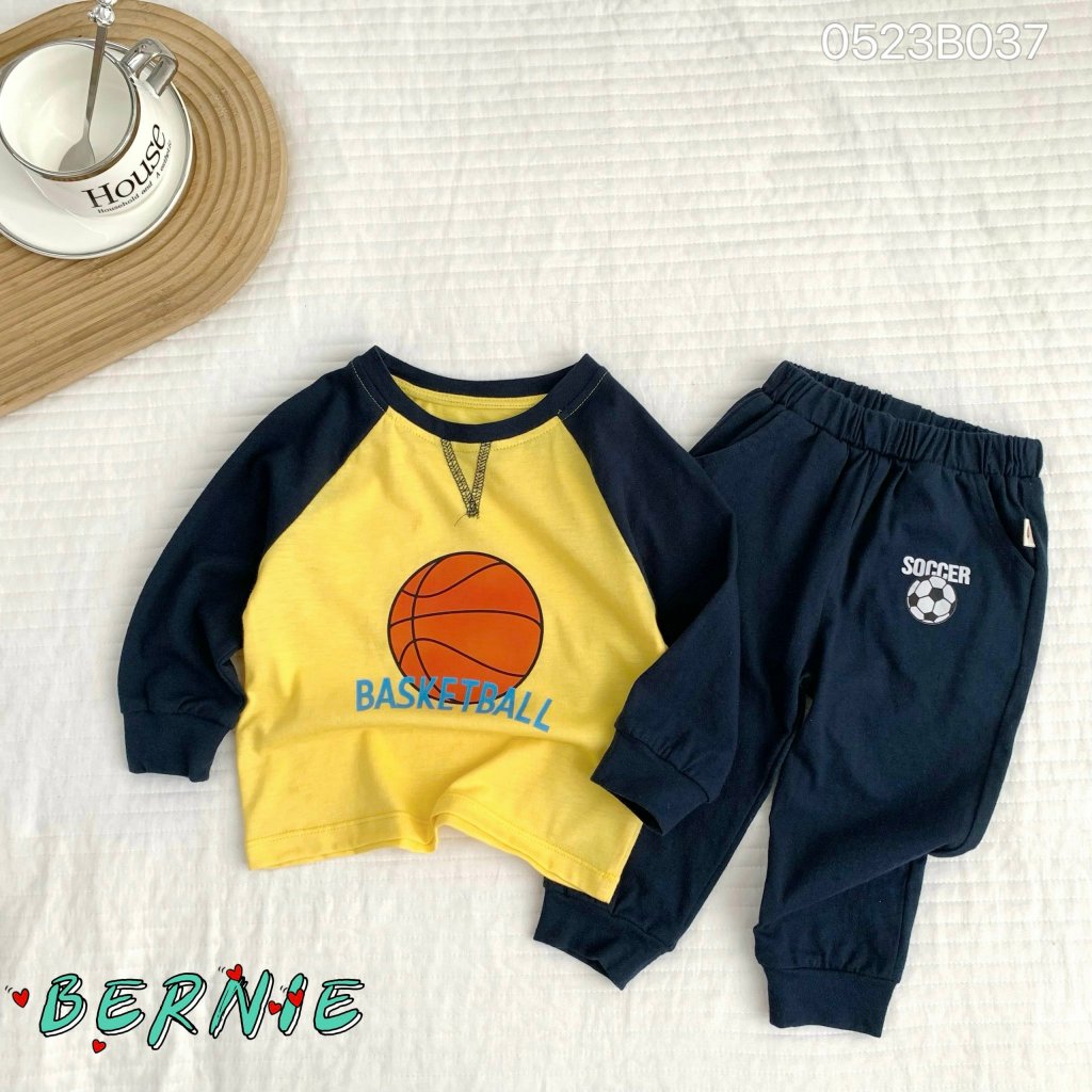 Bộ thu đông bé trai cotton mỏng bóng rổ xanh than Bernie - Bộ dài tay bé trai cotton cho bé từ 9-23kg - 0423B019