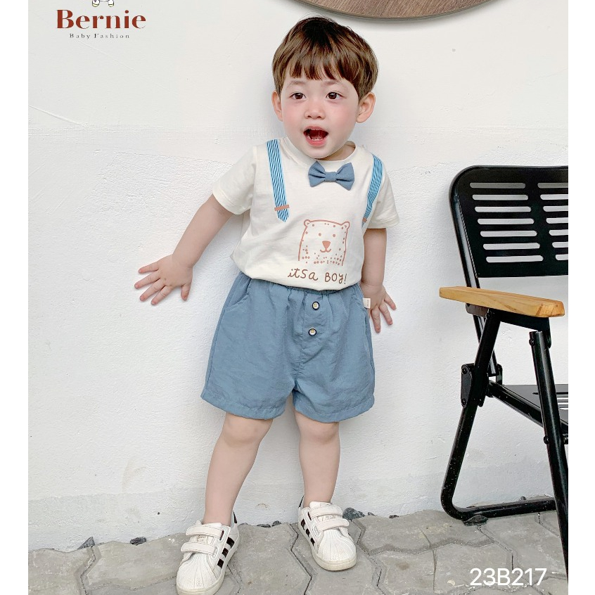 Bộ cộc tay công tử bé trai in gấu nơ xanh Bernie - Bộ cộc tay bé trai Hàn Quốc cho bé 8-23kg - 23B217
