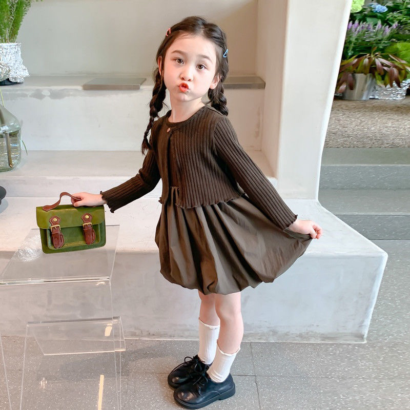 T056 HÀNG QCCC Set váy balo kèm áo khoác cadigan thắt nơ cho bé gái phong cách điệu đà tiểu thư thời trang thu đông 2023