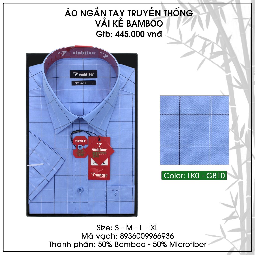 Áo Sơ Mi Ngắn Tay Caro Vải Bamboo Vạt Ngang Form Regular Vĩnh Tiến 445