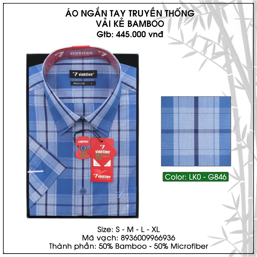 Áo Sơ Mi Ngắn Tay Caro Vải Bamboo Vạt Ngang Form Regular Vĩnh Tiến 445